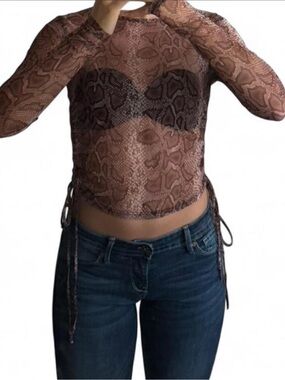 12th Tribe Sheer Snake-Print Long Sleeve Crop Top - Brown